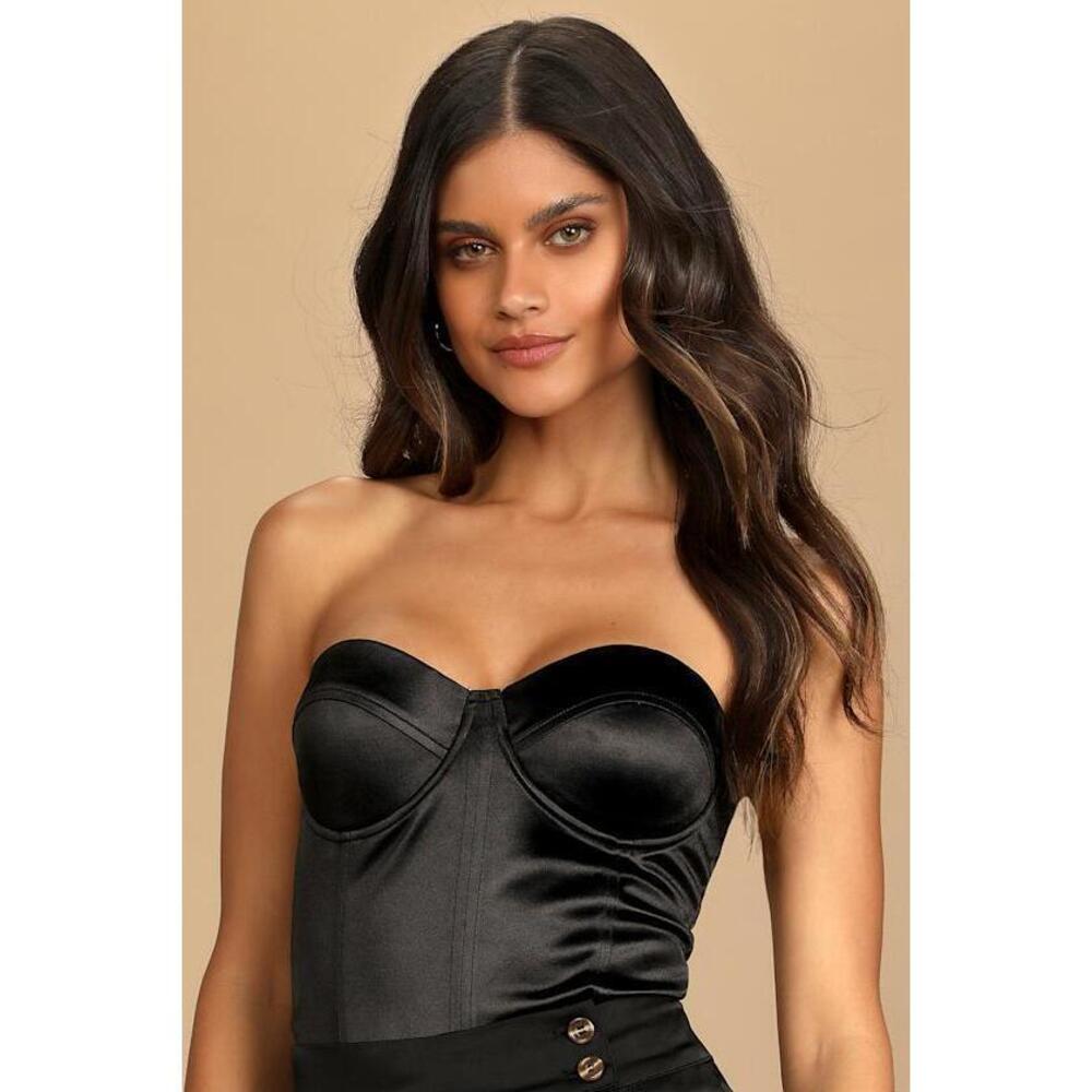 Lulus Endless Allure Black Satin Strapless Bustier Bodysuit - Size S